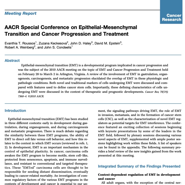 First page of the AACR meeting report on epithelial-mesenchymal transition and cancer progression.